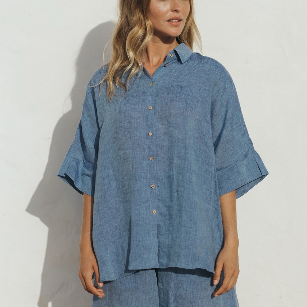 CUT LOOSE blue linen cotton oversized breathable shirt one size